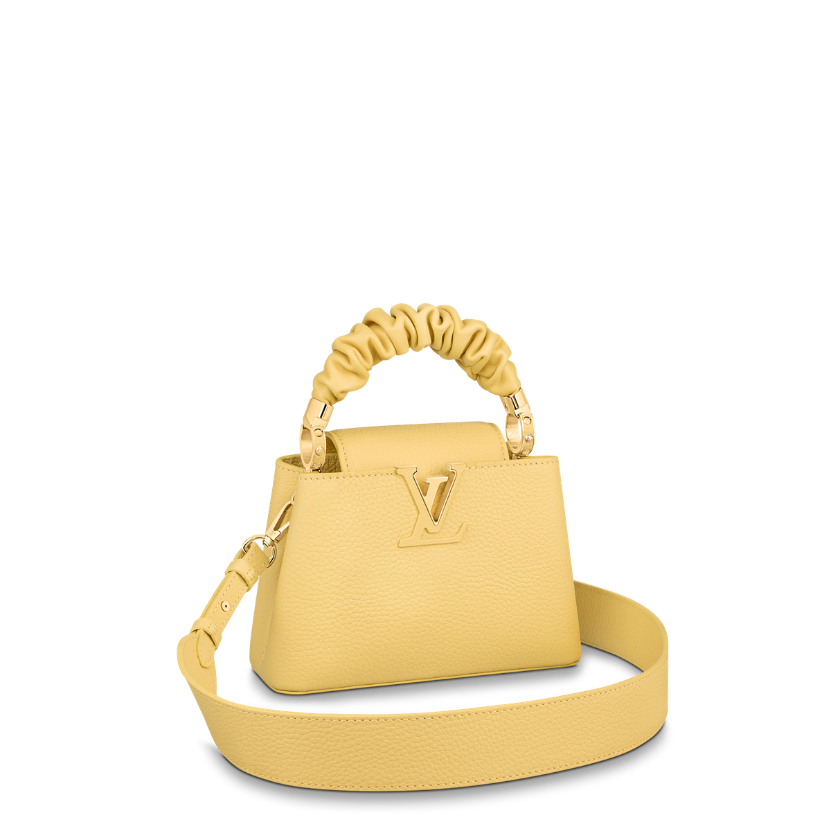 Capucines Mini bag in yellow taurillon leather and pleated calkfskin handle