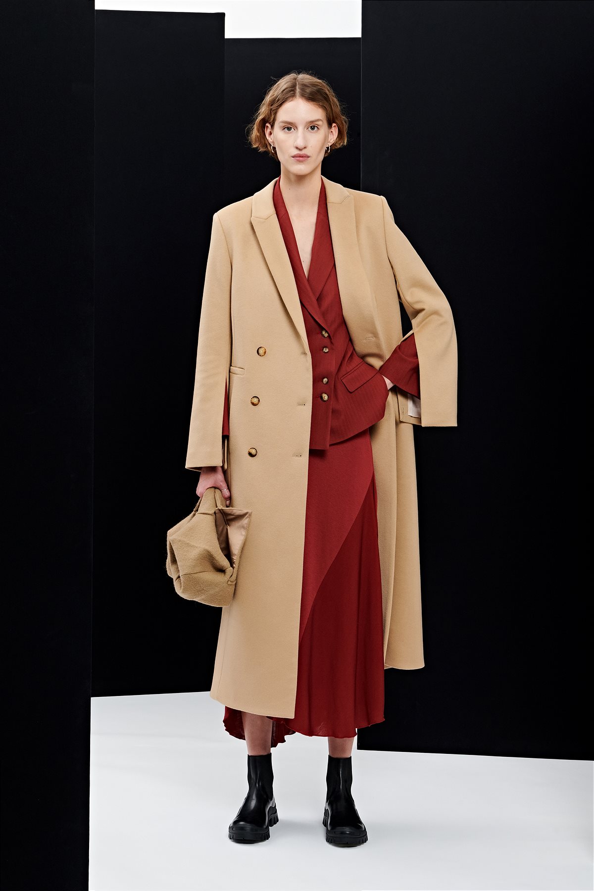 COEL cashmere wool coat, JONAH1 double-breasted jacket,  SAVINA  asymmetric skirt