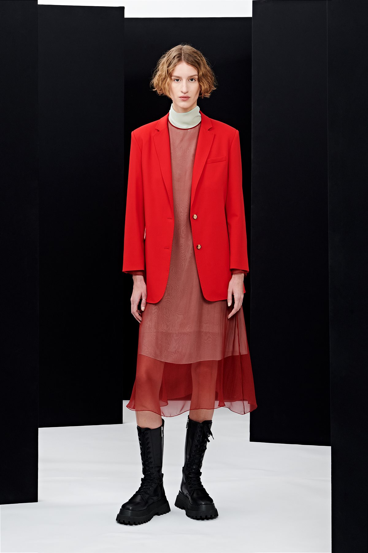 JONES red wool jacket, DOELIN sienna & sage 3-layer silk chiffon dress