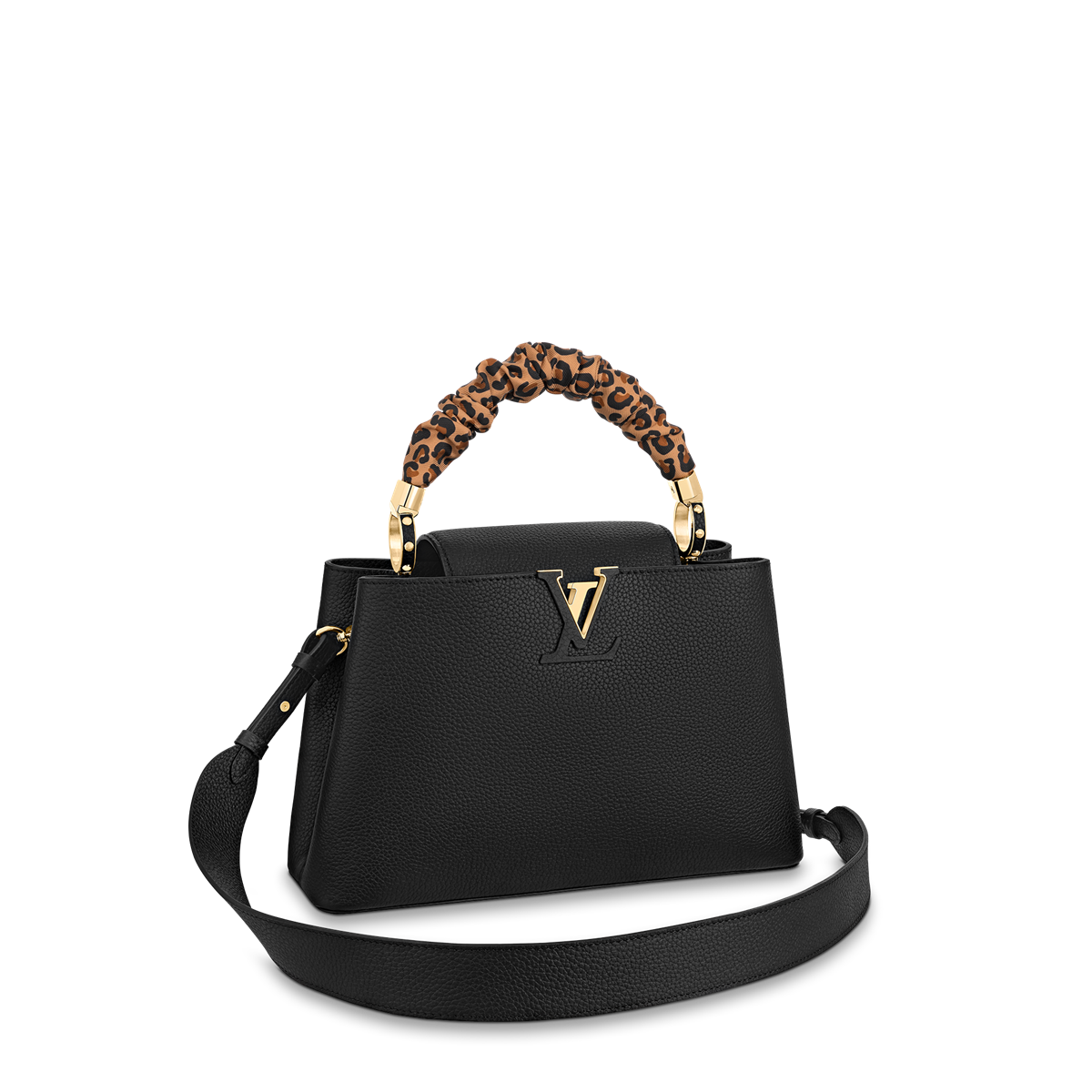 Capucines MM bag in black taurillon leather and twill handle