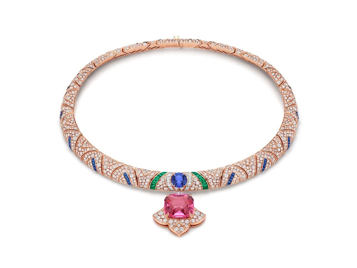 High Jewelry Necklace in Pink Gold & Diamonds With Spinel & Sapphire Elements 