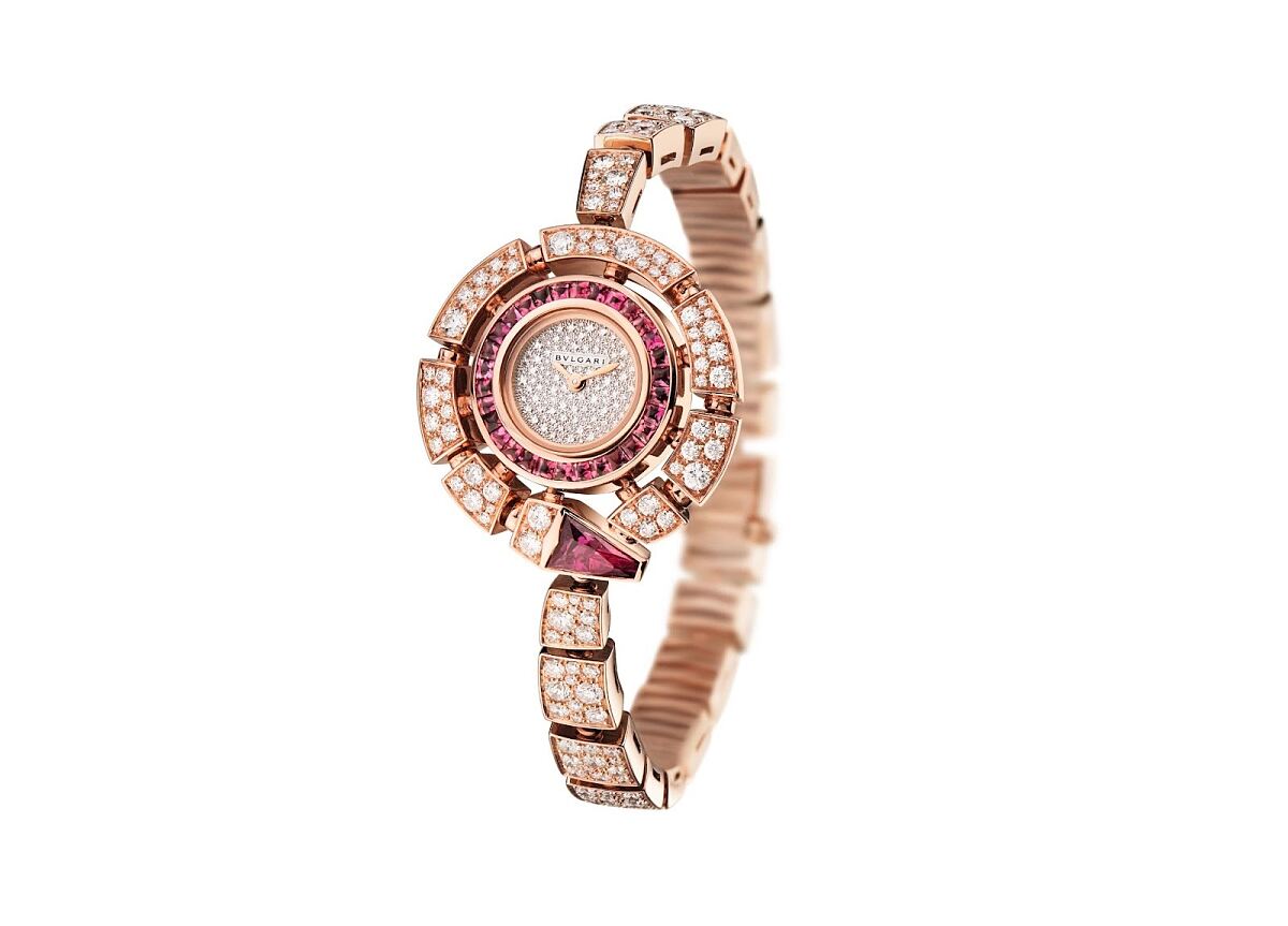 High Jewelry Serpenti Incantati Watch in Pink Gold & Diamonds with Rubellites 